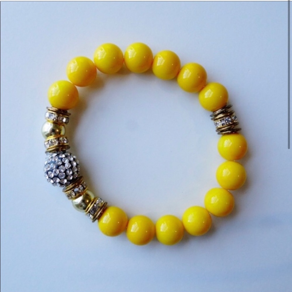 Yellow Bead with Glass Crystals Elastic Bracelet NWOT